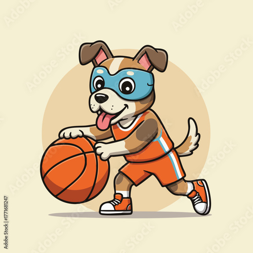 Cute cartoon dog mascot dribbling a basketball wearing an orange uniform and mask illustration