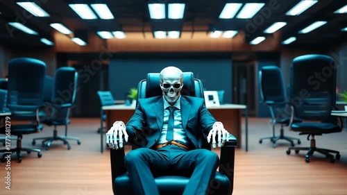 A skeleton CEO in a suit sits in an empty boardroom, a dark symbol of corporate burnout, failure, and soulless business — a cinematic metaphor for documentaries and social commentary.