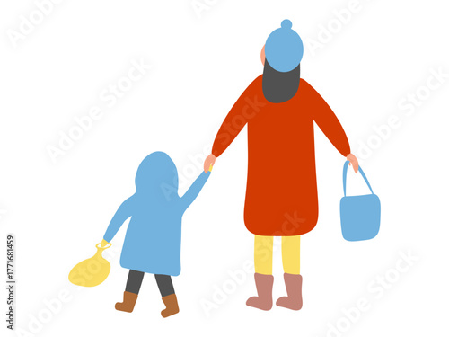 Vector illustration. Woman is holding hand of child who is holding sled in other hand. Family is walking and playing outside in winter. People are wearing warm outdoor clothing. Flat design. Isolated.