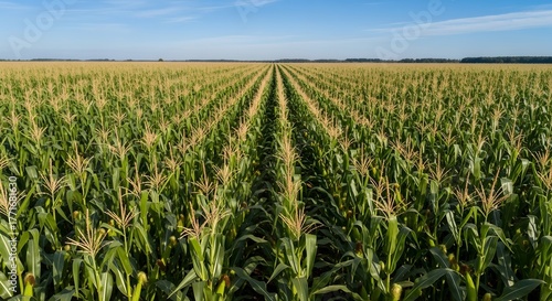Drone view of a large corn plantation, corn neatly arranged with a background of large corn.