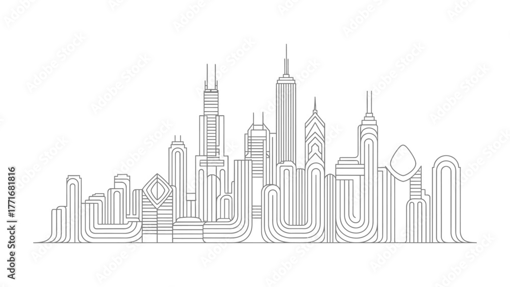 Obraz premium Urban Skyline: A modern linear illustration portrays a cityscape, showcasing the sleek lines and geometric forms of buildings and skyscrapers.