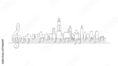 Melody of the Cityscape: An elegant monochrome line art portrays a city skyline intertwined with musical notation, creating a harmonious blend of urban architecture and musical elements.