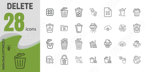 Assortment of 28 delete icons, including trash cans, files, folders, and recycling symbols, representing data removal, deletion, and cleaning processes