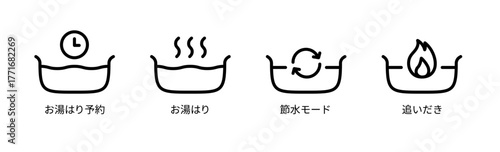 給湯器・風呂リモコン用の入浴機能アイコンセット｜お湯はり予約／お湯はり／節水モード／追いだきを示すモノクロ線画ピクトグラム（家電・住宅設備のUI・取扱説明書向け）