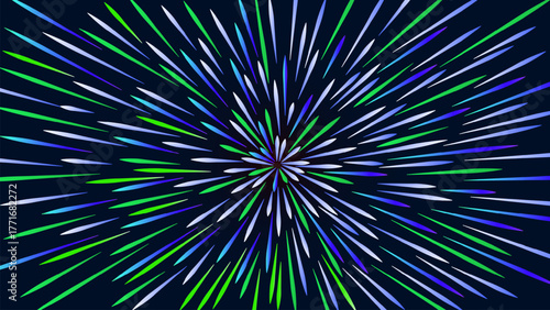 A colorful background with a radial pattern of blue, green, and white stripes radiating from a dark center, creating an abstract light explosion or dynamic fireworks effect.