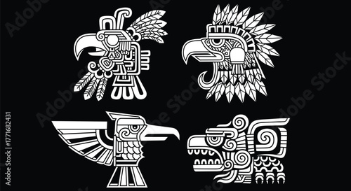 Aztec eagle and tribal bird head designs, ancient Mayan art symbols, ethnic decorative pattern, indigenous culture illustration, CAD drawing flat vector illustration