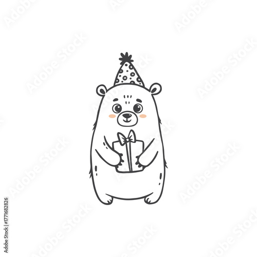 Cute cartoon bear with gift. Teddy bear in doodle style for greeting card. Happy birthday. Vector illustration