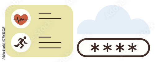 Heart rate and running stats displayed next to a password input and cloud symbol. Ideal for healthcare, fitness tracking, cybersecurity, data privacy, cloud computing, encryption, and medical apps