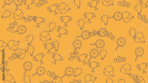 Colorful pattern featuring light bulbs, trophies, and letters on a vibrant orange background