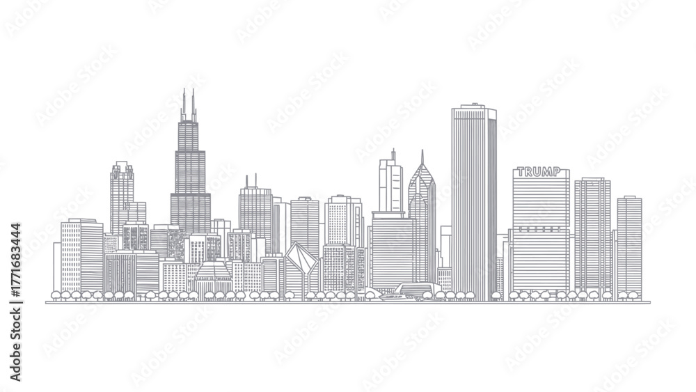 Naklejka premium Chicago Skyline Illustration: A minimalistic line-art illustration of the Chicago skyline, showcasing its iconic architecture and urban landscape in a modern and clean style.