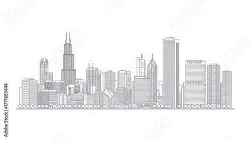 Chicago Skyline Illustration: A minimalistic line-art illustration of the Chicago skyline, showcasing its iconic architecture and urban landscape in a modern and clean style.
