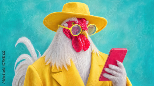 Secret agent, A secret agent rooster delivers code in a whimsical 3D design, blending humor and technology in a unique illustration.