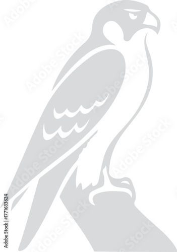 Grey silhouette of a perched falcon bird, Elegant falcon vector design for modern artwork