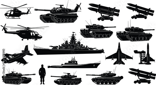 Military vehicles silhouette set including tanks, aircraft, helicopters, warships, submarines, missiles, and soldier figure, black army equipment, CAD drawing flat vector illustration
