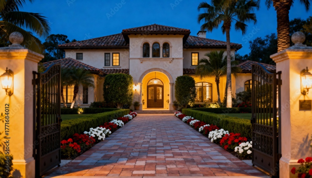 Fototapeta premium Exterior view of large estate with palm trees and manicured landscaping