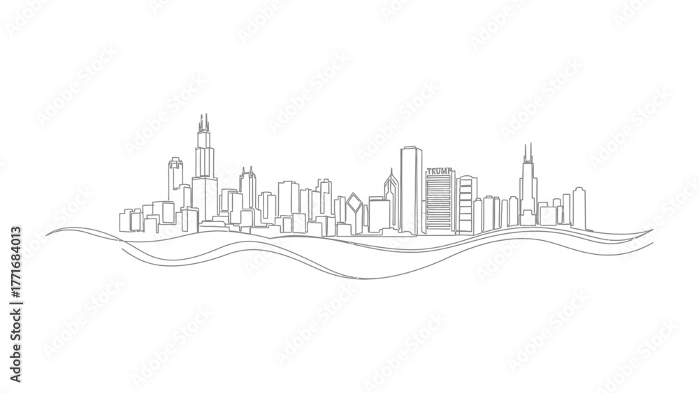 Obraz premium City Skyline Abstract Line Art: A sleek, minimalist line art representation of a modern cityscape, showcasing an array of architectural designs against a clean backdrop.