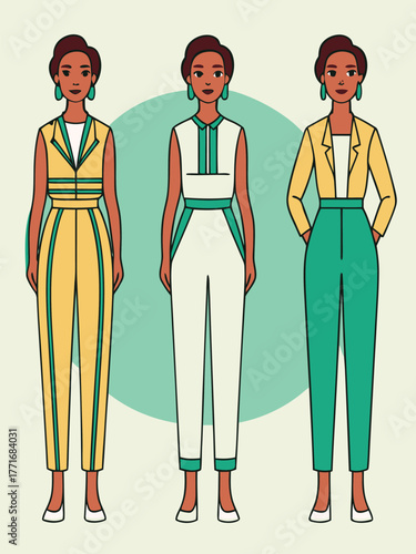 Three women in sophisticated yellow, white, and teal business attire Keywords: woman, fashion, outfit, clothing, style, female