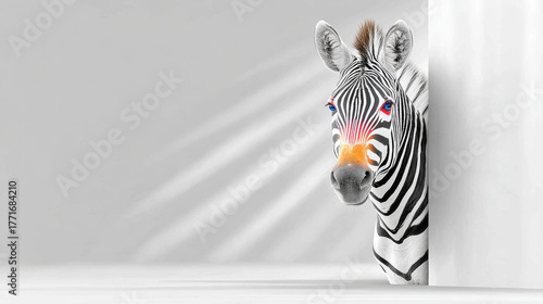 Secret agent, A zebra disguised as a secret agent, creatively hiding in a black-and-white environment in a 3D illustration.