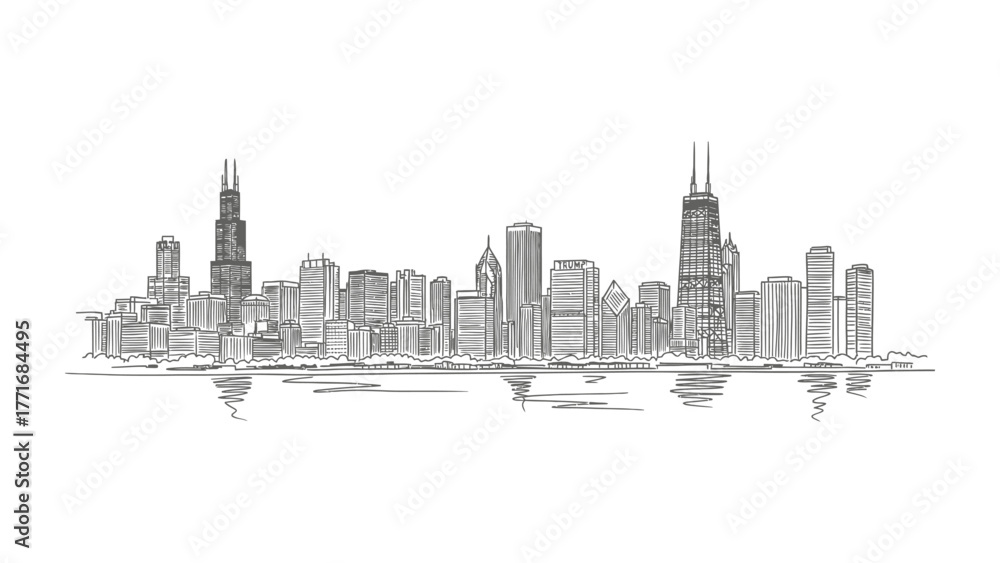 Naklejka premium Chicago Skyline Sketch: A detailed, monochromatic sketch of the Chicago skyline, featuring iconic skyscrapers and a panoramic view, showcasing the city's urban landscape.