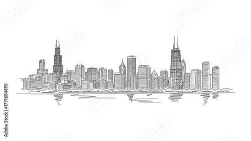 Chicago Skyline Sketch: A detailed, monochromatic sketch of the Chicago skyline, featuring iconic skyscrapers and a panoramic view, showcasing the city's urban landscape.