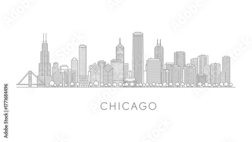 Chicago Skyline Illustration: A minimalistic line-art illustration of the Chicago skyline, capturing the iconic silhouette of the city's architectural landmarks against a clear backdrop.