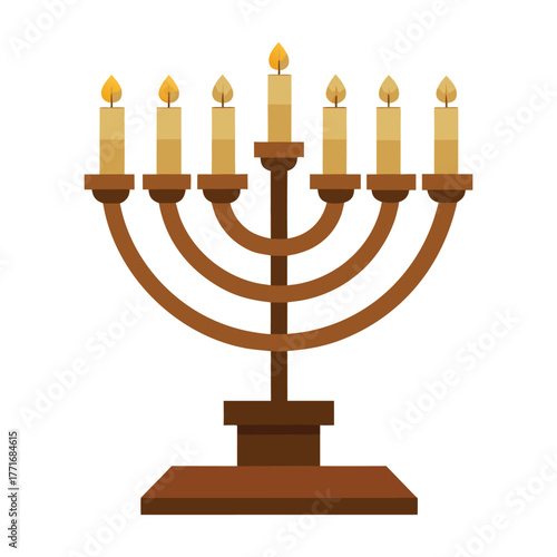 An isolated golden metal menorah candelabrum with lit wax candles is a classic Hanukkah holiday religion symbol and decoration
