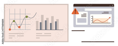 Analytical dashboard showcasing bar and line charts beside a browser window with an alert icon. Ideal for analytics, performance tracking, business growth, warnings, report generation, monitoring