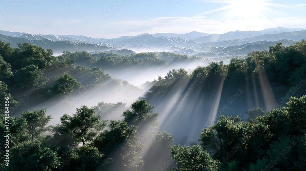 Fototapeta premium Misty Sunlight Over the Forest: Sunbeams pierce through the morning mist, illuminating a tranquil forest valley with a sense of peace and wonder. 