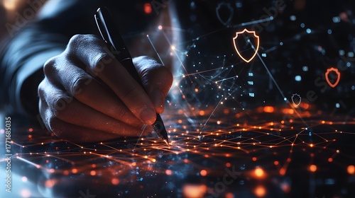 Person writing digital code on virtual surface