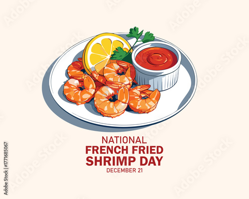 National French Fried Shrimp Day vector. Shrimp food with dip sauce icon vector. Seafood on a plate drawing. December 21.