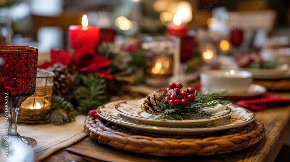 Naklejka premium Festive christmas table setting with red candles and decorative tableware arrangement