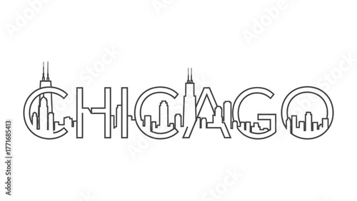 Chicago Skyline Illustration: A sleek, modern illustration depicts the iconic Chicago skyline, creatively integrated into the city's name, with minimalist line art conveying architectural elegance.