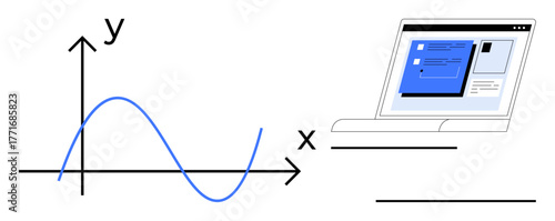 Blue line graph on x-y axis alongside a laptop screen with displayed content. Ideal for analysis, data trends, education, technology, presentation, innovation, simple flat metaphor
