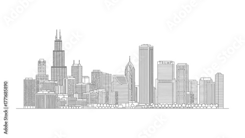 City Skyline Illustration: A detailed pen and ink illustration showcases the iconic silhouette of a bustling city skyline, with its diverse architectural styles. A monochrome depiction.
