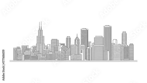 Urban Panorama: A monochrome depiction of a city's skyline, showcasing an array of modern high-rise buildings, symbolizing urban progress and commercial prosperity.