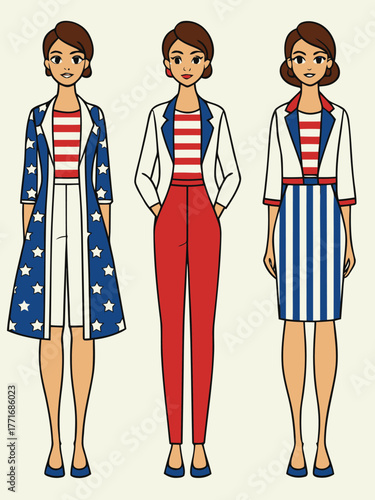 Three women in sophisticated American-inspired business and casual attire with star and stripe patterns