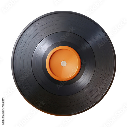 High-quality 3d render of a black vinyl record with orange center isolated on a black background transparent background