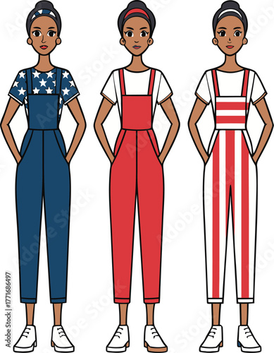 Three diverse women in stylish patriotic overalls and jumpsuits with star and stripe patterns fashion