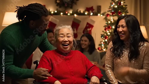 Multi-generational family celebrating Christmas, with grandmother in a wheelchair, warm and joyful