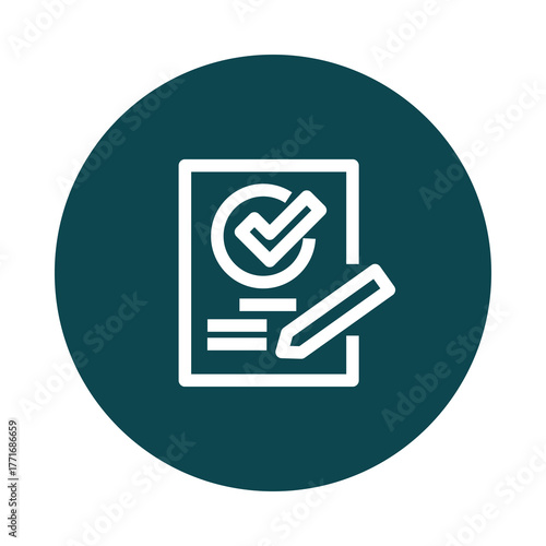 White checkmark on a document with a pencil isolated on transparent background