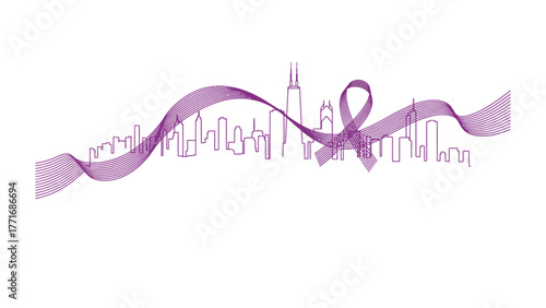 Skyline Awareness: A symbolic purple ribbon gracefully weaves through a city skyline, representing unity, hope, and support for a cause. A call to action and awareness.