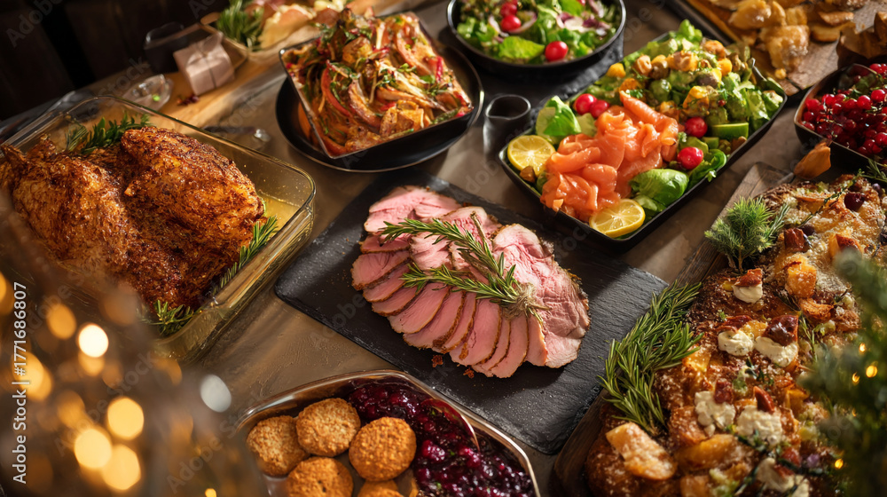 Fototapeta premium A festive holiday buffet spread with turkey ham and assorted dishes on display