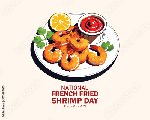 National French Fried Shrimp Day vector. Shrimp food with dip sauce icon vector. Seafood on a plate drawing. December 21.
