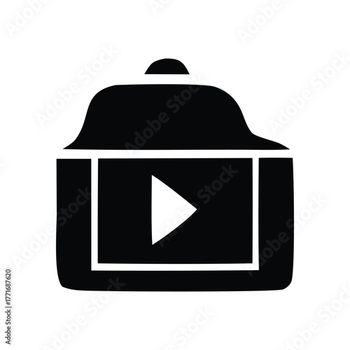 Simple and striking line art icon representing a video player or camera film reel, perfect for digital media and content creation