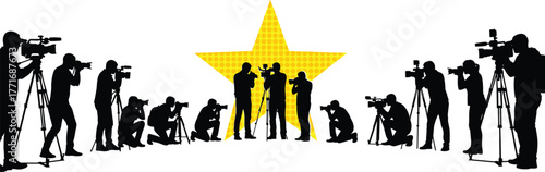 Paparazzi photographer silhouettes with cameras and tripods, media press shooting celebrity on red carpet, yellow star background concept, CAD drawing flat vector illustration