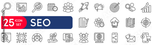 SEO Optimisation set of web icons in line style. vector illustration concept relate to market, digital, cyberspace, download, presentation, money, time, commerce