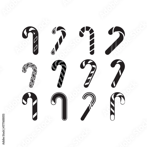 Black Color Candy Cane Silhouette Vector, Solid White Background.