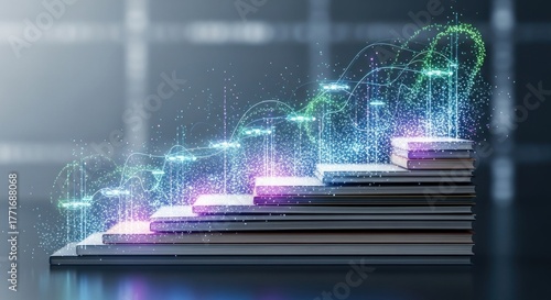 A stack of books with a glowing, digital wave emerging from the top, symbolizing knowledge and learning.