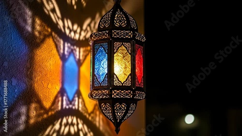 Colorful Moroccan Style Lantern Casting Vibrant Shadow Patterns on Wall in Dim Ambient Lighting