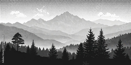 Monochrome mountain landscape with halftone effect background for graphic design use